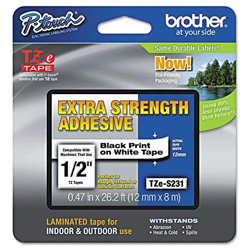 Brother | TZ-S231 Strong Adhesive Laminated Tape | Juodas on Baltas | TZe | 8 m | 1.2 cm