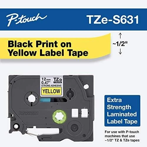 Brother | TZe-S631 Strong Adhesive Laminated Tape | Juodas on Geltona | TZe | 8 m | 1.2 cm