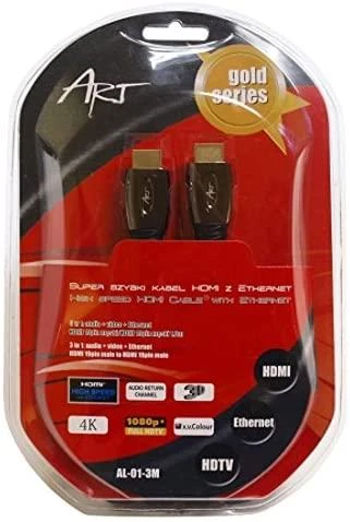 ART KABH AL-01-3 ART kabelis AL-01-3m HDMI 19 kontaktų kištukas/HDMI 19 kontaktų vyriškas auksinis padengtas