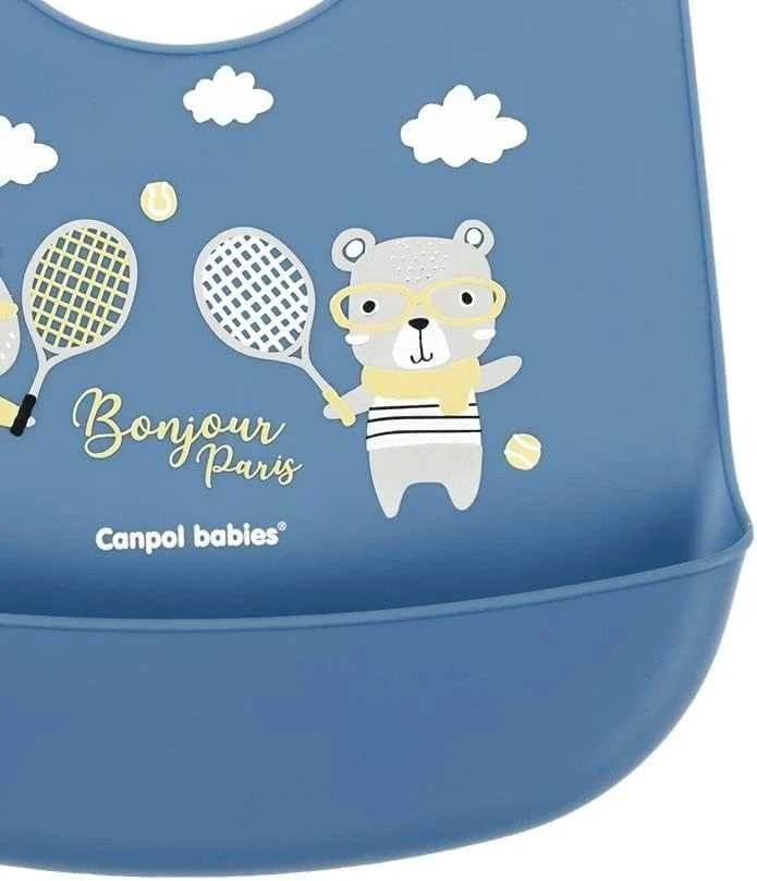 CANPOL BABIES silikoninis seilinukas su kišene BONJOUR PARIS, navy mėlynas, 74/027_blu