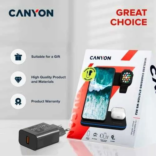 CANYON belaidis įkroviklis WS-302 15W 3in1 Juodas