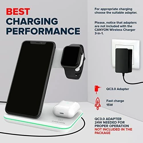 Universalus Belaidis įkroviklis Canyon 3in1 Wireless Charger WS-303, tinka vienu metu įkrauti Apple Watch, iPhone ir Airpods
