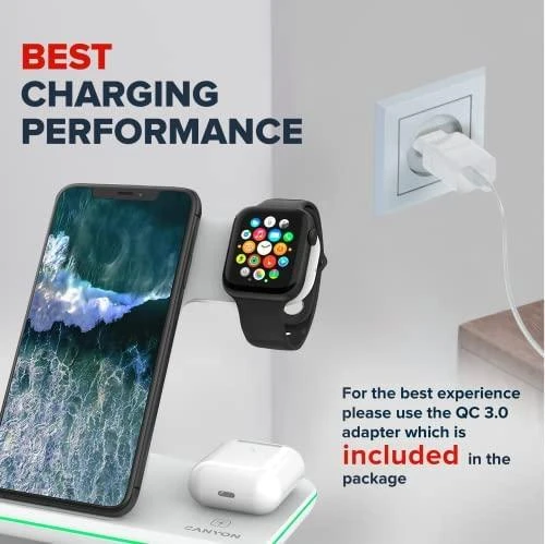 Universalus Belaidis įkroviklis Canyon 3in1 Wireless Charger WS-303, tinka vienu metu įkrauti Apple Watch, iPhone ir Airpods