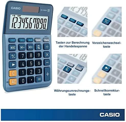 Casio MS-100EM stalinis skaičiuotuvas su funkcijų paaiškinimais