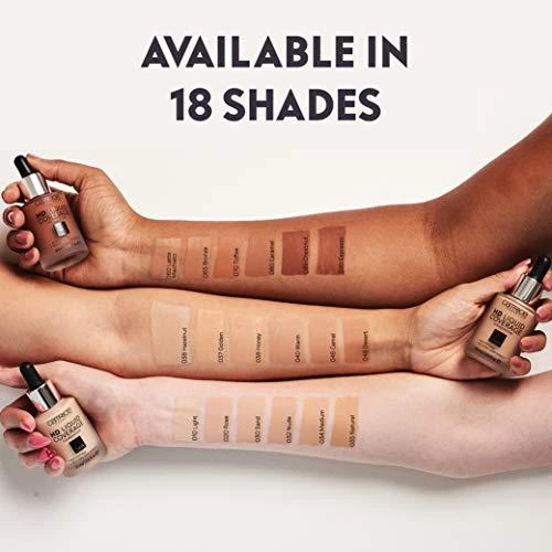 "Catrice Hd Liquid Coverage Foundation" dengiamasis makiažo pagrindas, išliekantis iki 24 val. 010 Light rusvai gelsvas 30ml