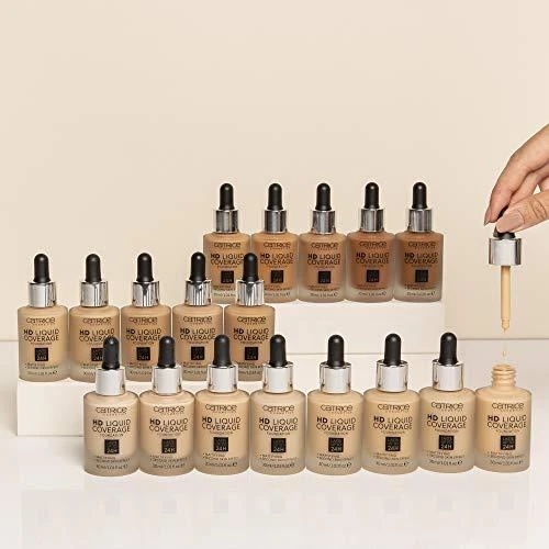 "Catrice Hd Liquid Coverage Foundation" dengiamasis makiažo pagrindas, išliekantis iki 24 val. 010 Light rusvai gelsvas 30ml