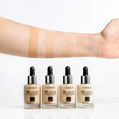 "Catrice Hd Liquid Coverage Foundation" dengiamasis makiažo pagrindas, išliekantis iki 24 val. 010 Light rusvai gelsvas 30ml
