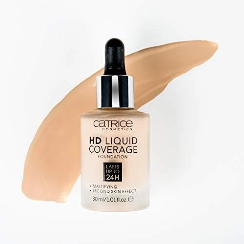 "Catrice Hd Liquid Coverage Foundation" dengiamasis makiažo pagrindas, išliekantis iki 24 val. 010 Light rusvai gelsvas 30ml