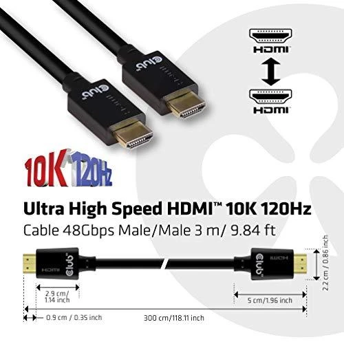Club 3D HDMI 2.1 kabelis su techniniais matmenimis