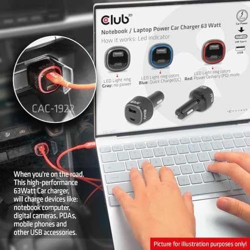 Club 3D CLUB3D nešiojamojo kompiuterio automobilinis įkroviklis, 63 vatai, automatinis, cigarečių žiebtuvėlis, 24 V, juodas
