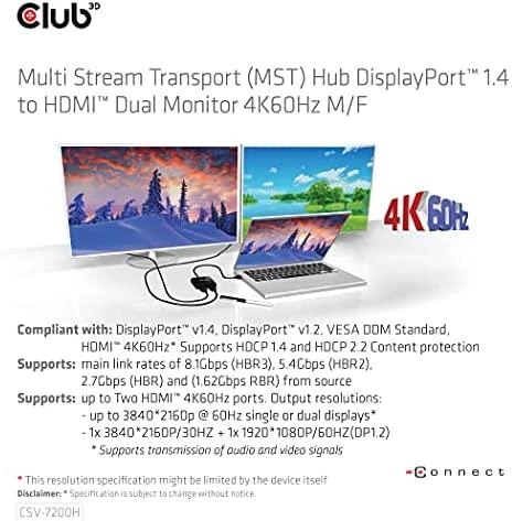 Club 3D Club3D šakotuvas MST (Multi Stream Transport) DisplayPort 1.4 ir 2xHDMI Dual Monitorius 4K60Hz (M/F)