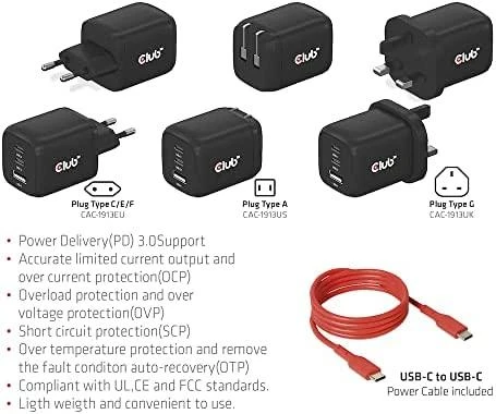 Club 3D Club3D kelioninis įkroviklis 65W GAN technologija, 3 prievadai (2xUSB-C + USB-A), PPS, Power Delivery (PD) 3.0 palaikymas
