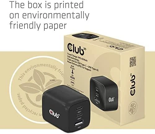 Club 3D Club3D kelioninis įkroviklis 65W GAN technologija, 3 prievadai (2xUSB-C + USB-A), PPS, Power Delivery (PD) 3.0 palaikymas