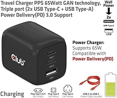Club 3D Club3D kelioninis įkroviklis 65W GAN technologija, 3 prievadai (2xUSB-C + USB-A), PPS, Power Delivery (PD) 3.0 palaikymas