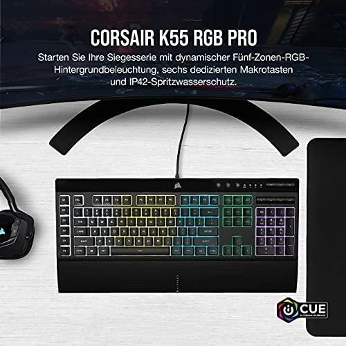 Žaidimų klaviatūra Corsair K55 RGB Pro su 5 zonų RGB pašvietimu, DE išdėstymas