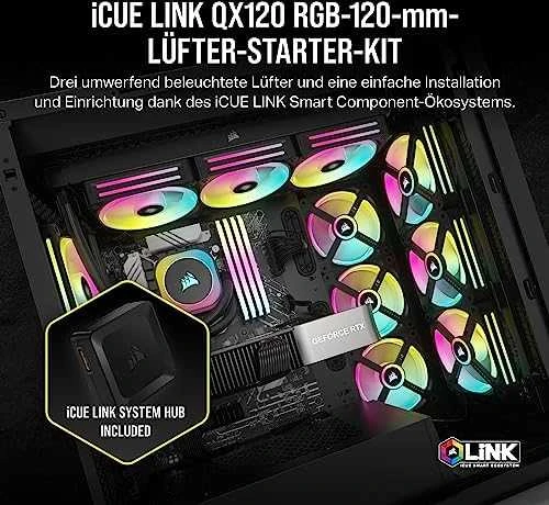 Corsair iCUE LINK QX120 RGB Series, PWM korpuso ventiliatorius, 3er Pack su RGB valdikliu- 120mm, juodos spalvos, Starter Kit