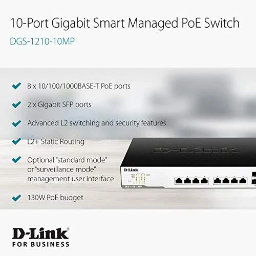 Šakotuvas D-Link jungiklis DGS-1210-10MP žiniatinklio valdymas, stalinis kompiuteris, 1 Gbps (RJ-45) jungčių kiekis 8, SFP jungčių kiekis 2, PoE+ jungčių kiekis 8, maitinimo tipas vienvietis