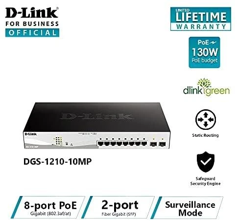 Šakotuvas D-Link jungiklis DGS-1210-10MP žiniatinklio valdymas, stalinis kompiuteris, 1 Gbps (RJ-45) jungčių kiekis 8, SFP jungčių kiekis 2, PoE+ jungčių kiekis 8, maitinimo tipas vienvietis