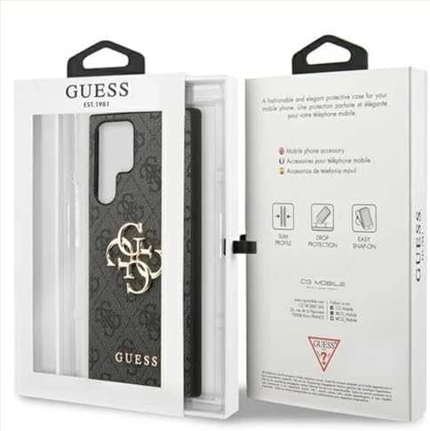 Guess PU 4G Metal Logo dėklas skirtas Samsung Galaxy S23 Ultra pilkos spalvos