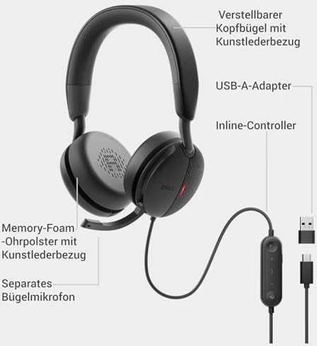Dell | Pro su laidu Ant ausų uždedamos Ausinės | WH5024 | Su mikrofonu | USB Type-A | ANC | Juodas
