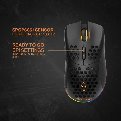 Belaidė itin lengva žaidimų pelė DELTACO GAMING DM220, 70g svorio, RGB, SPCP6651, 400-6400 DPI, 1000 Hz, juoda / GAM-120