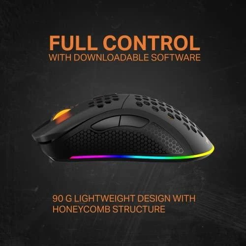Belaidė itin lengva žaidimų pelė DELTACO GAMING DM220, 70g svorio, RGB, SPCP6651, 400-6400 DPI, 1000 Hz, juoda / GAM-120