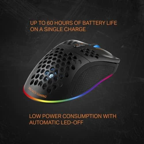 Belaidė itin lengva žaidimų pelė DELTACO GAMING DM220, 70g svorio, RGB, SPCP6651, 400-6400 DPI, 1000 Hz, juoda / GAM-120