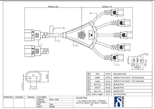 DELTACO IEC C14 - 5x IEC C13 maitinimo laidas, 3m, 10A / 250V, Y-Splitter, DEL-113E