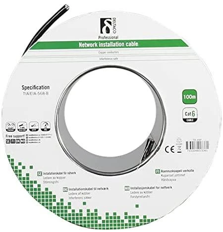 DELTACO F / UTP Cat6 montavimo kabelis, Lauke, 100m Roll, 250MHz, Delta Certified, Juodas TP-49F