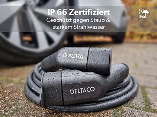 Įkrovimo kabelis DELTACO e-Charge type 2 į type 2, 1 fazė, 32A, 7.6KW, 10M, juodas / EV-12110