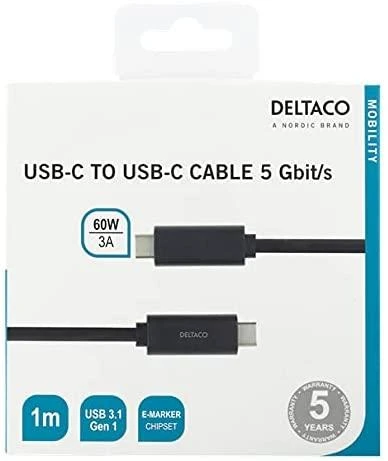 USB-C į USB-C laidas, 1m, 60W 3A, USB 3.1 Gen, E-Marker DELTACO juodas / USBC-1054M
