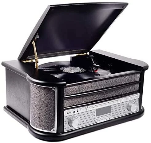 Muzikinis centras Medinis retro muzikos centras Denver MRD-51 su juodu patefonu