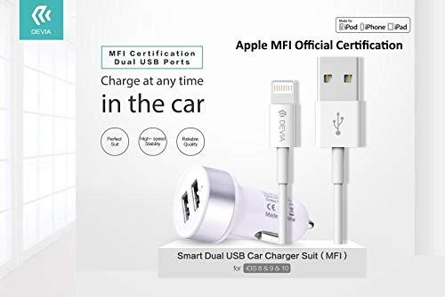 Įkroviklis automobilinis Devia Smart MFI su 2 USB jungtimis (2.4A) + MFI Lightning baltas