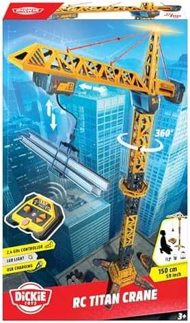 Dickie Toys Didelis nuotolinio valdymo kranas, 150 cm besisukanti ranka, titaninis kranas, nuotolinio valdymo pultas su USB + šviesa