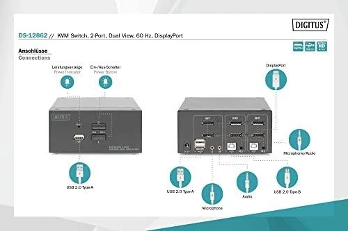 Digitus | KVM Switch, 2-Port, Dual Ekranas, 4K, DisplayPort | DS-12862