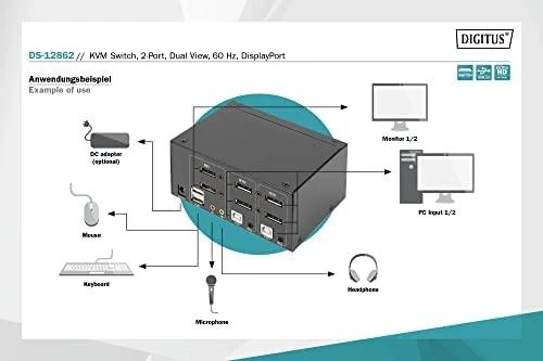 Digitus | KVM Switch, 2-Port, Dual Ekranas, 4K, DisplayPort | DS-12862