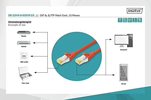 Digitus Kabelis krosowy CAT 6A, S/FTP, 2m, 10 vnt, raudona (DK-1644-A-020-R-10)