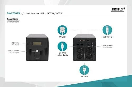 Assmann Electronic DIGITUS Line-Interactive UPS 1500VA/900W 12V/9Ah X2 baterija 4x CEE 7/7 AVR USB RS232 RJ-11/45 LCD ekranas