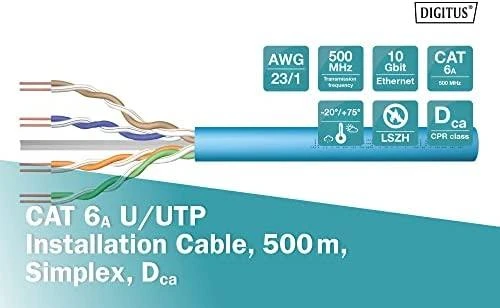 Assmann Electronic DIGITUS DK-1614-A-VH-5 CAT 6A U-UTP instaliacinis kabelis 500MHz Dca EN 50575 AWG 23/1 500m būgnas sx mėlynas