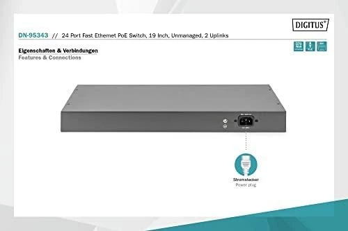 Šakotuvas Digitus Skaitmenas | Greitas Ethernet PoE jungiklis 24 prievadų PoE + 2 Combo, 370 W PoE | DN-95343 | Nevaldomas | Darbalaukis | Maitinimo tipas Vidinis