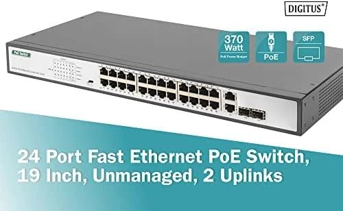 Šakotuvas Digitus Skaitmenas | Greitas Ethernet PoE jungiklis 24 prievadų PoE + 2 Combo, 370 W PoE | DN-95343 | Nevaldomas | Darbalaukis | Maitinimo tipas Vidinis