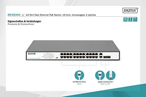 Šakotuvas Digitus Skaitmenas | Greitas Ethernet PoE jungiklis 24 prievadų PoE + 2 Combo, 370 W PoE | DN-95343 | Nevaldomas | Darbalaukis | Maitinimo tipas Vidinis