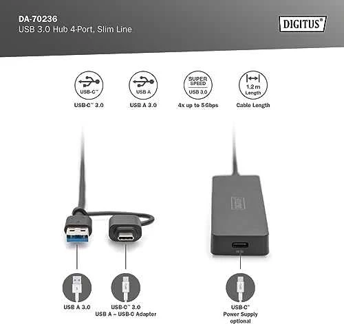 „Digitus Hub“ USB 3.0/4 prievadų „SlimLine USB A Hub“ + USB-C adapteris 1,2 m 5 Gbps, USB-C maitinimo jungtis