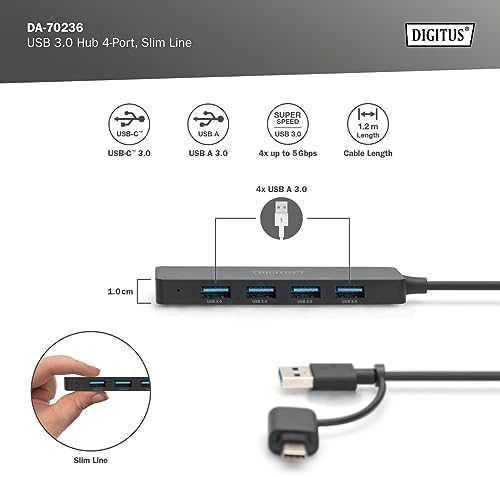 „Digitus Hub“ USB 3.0/4 prievadų „SlimLine USB A Hub“ + USB-C adapteris 1,2 m 5 Gbps, USB-C maitinimo jungtis