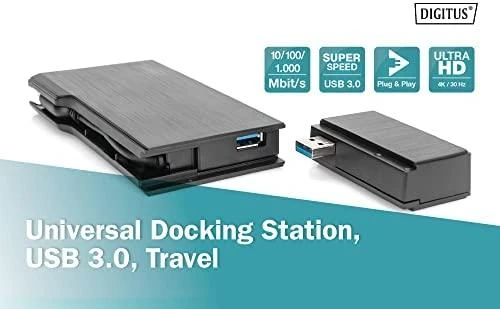 Assmann elektroninė DIGITUS universali prijungimo stotis USB 3.0 7 prievadų kelionės 2x video 2x USB 3.0 RJ45 2x kortelių skaitytuvas