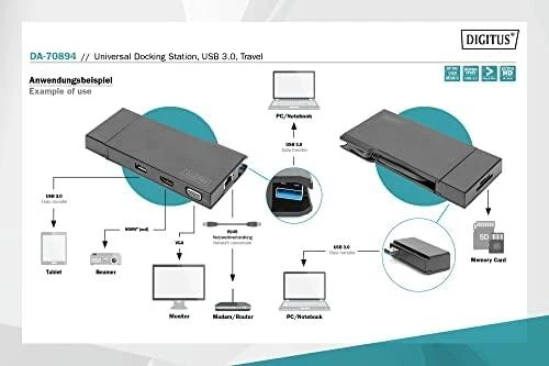 Assmann elektroninė DIGITUS universali prijungimo stotis USB 3.0 7 prievadų kelionės 2x video 2x USB 3.0 RJ45 2x kortelių skaitytuvas