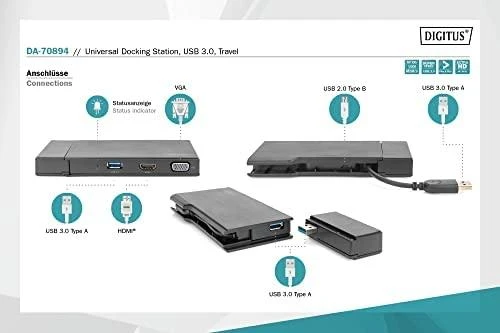 Assmann elektroninė DIGITUS universali prijungimo stotis USB 3.0 7 prievadų kelionės 2x video 2x USB 3.0 RJ45 2x kortelių skaitytuvas