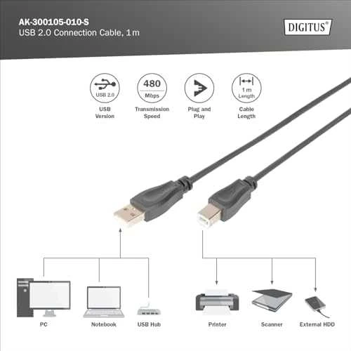 Kabelis USB Digitus USB-A - USB-B 1 m Juodas (AK-300105-010-S)