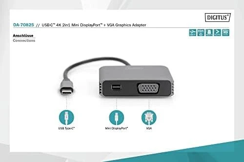 Assmann Electronic DIGITUS USB-C - mini DP + VGA Adapteris 20cm 4K/30Hz sidabrinis aliuminio korpusas