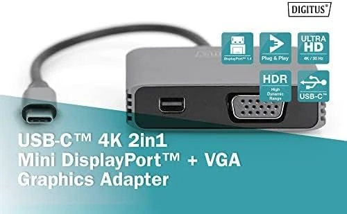 Assmann Electronic DIGITUS USB-C - mini DP + VGA Adapteris 20cm 4K/30Hz sidabrinis aliuminio korpusas